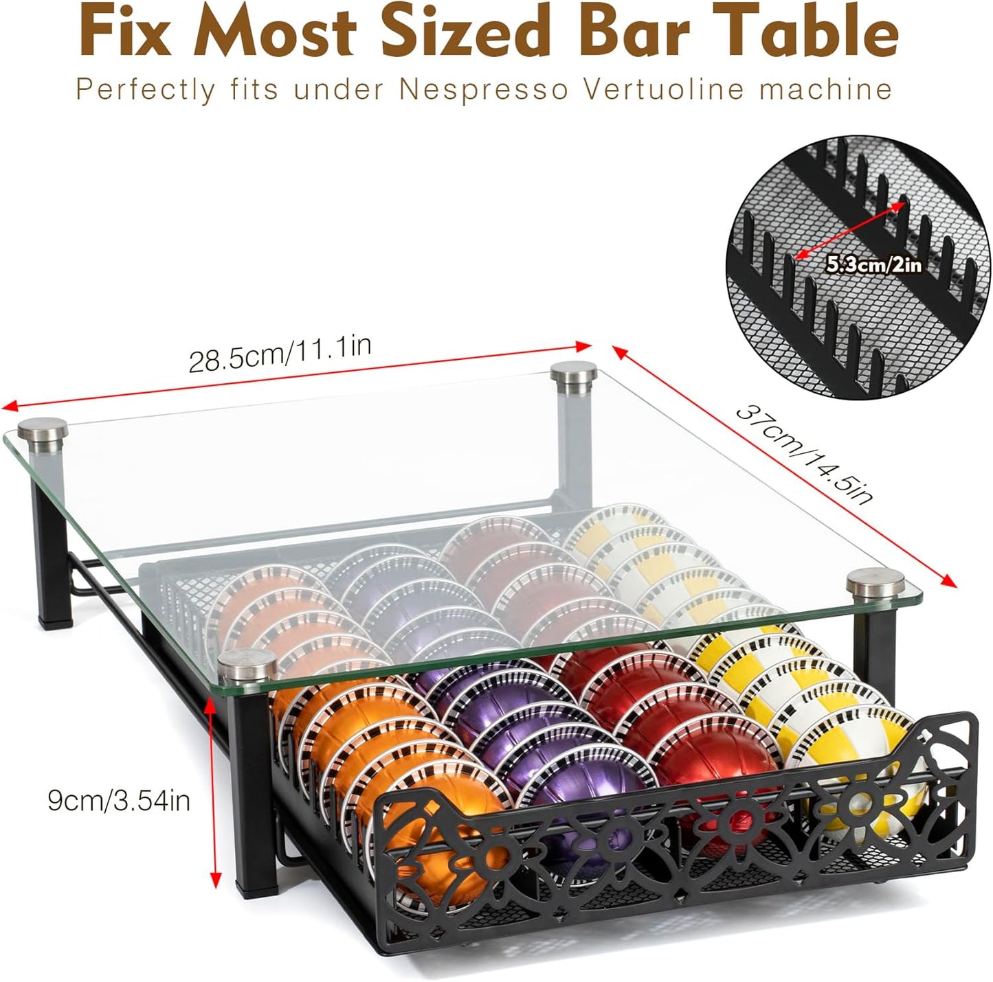 RECAPS Crystal Tempered Glass Coffee Pod Drawer Organizer Compatible with Nespresso Vertuo, Hold up to 50 Small or 40 Big Vertuo Pods or 26 K-cup Pod,Sliding K Cup Drawer for Countertop