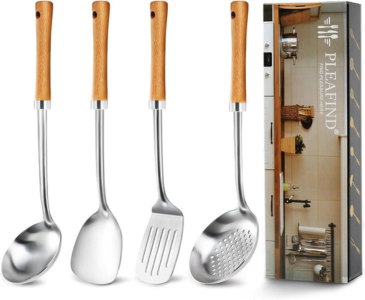 Pleafind 4-Pcs Cooking Utensils Set, Stainless Steel Kitchen Utensils with Wooden Hanlde, Kitchen Essentials Set Include Wok Ladle, Slotted Spoon, Wok Spatula and Slotted Spatula, Dishwasher Safe