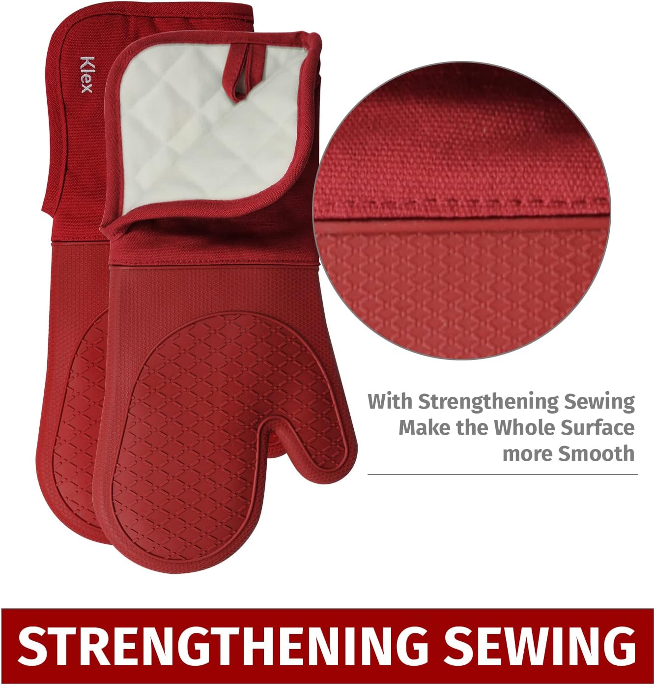 Klex Extra Long Silicone Oven Mitts, 932°F Degrees Heat Resistance with Quilted Cotton Liner Oven Gloves, 2 Piece Set, 15 inch, Red