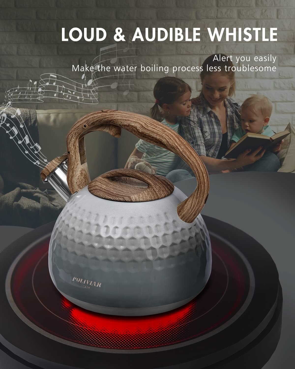 POLIVIAR Tea Kettle, Antique White Stovetop Tea Kettle 2.7 Quart, Audible Whistling Teapot, Food Grade Stainless Steel for Anti-Rust, Anti Hot Handle, Suitable for All Heat Sources (JX2020-YH30)