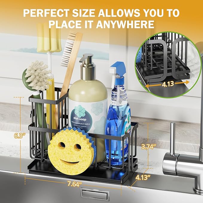 Epicano Sink Caddy Sponge Holder, Smiley Face Sponge Rack with High Brush Holder,Rustproof Kitchen Countertop Organizer,Kitchen Gadgets Sink Accessories, 7.6" x 6.3" x 4.1", Black