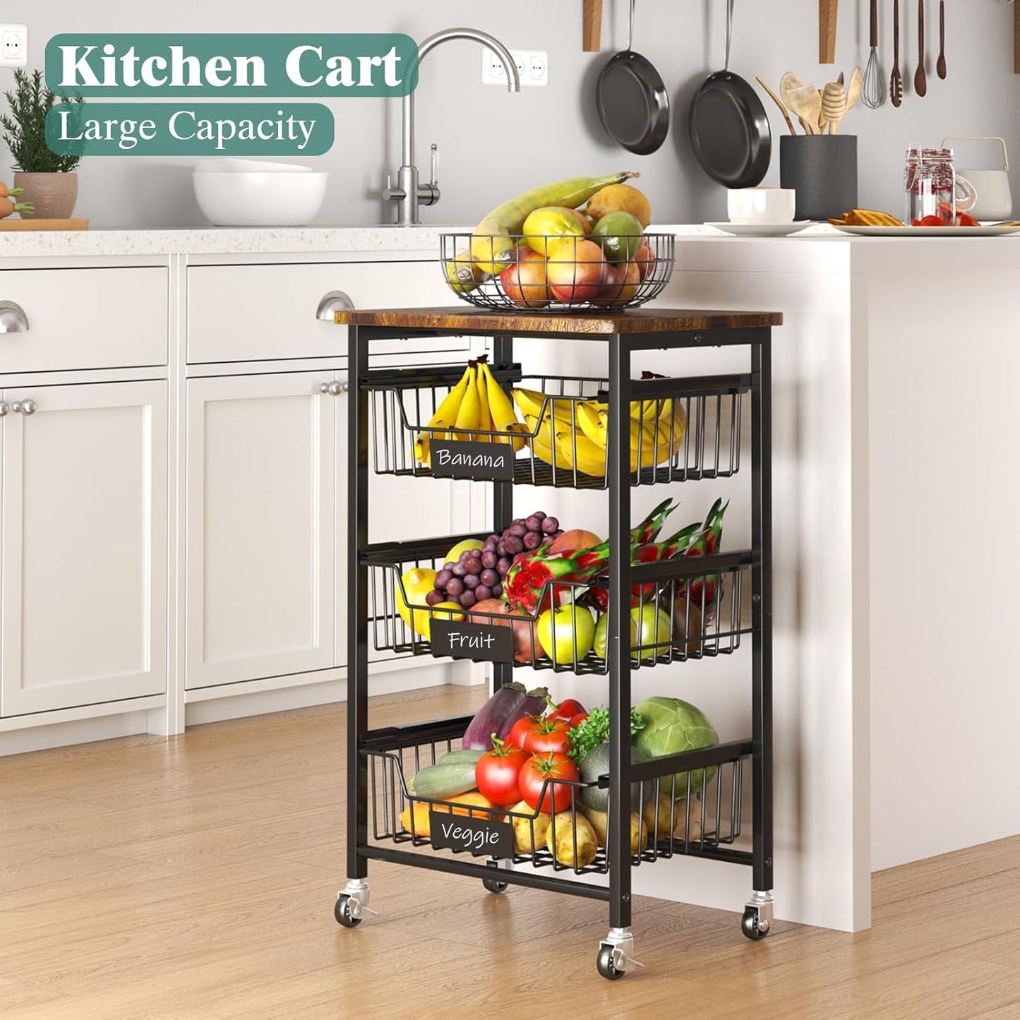 4-Tier Vegetable Fruit Basket Kitchen Storage Rolling Cart on Wheels with Pull-Out Baskets and Wood Top for Kitchen Diningroom Pantry