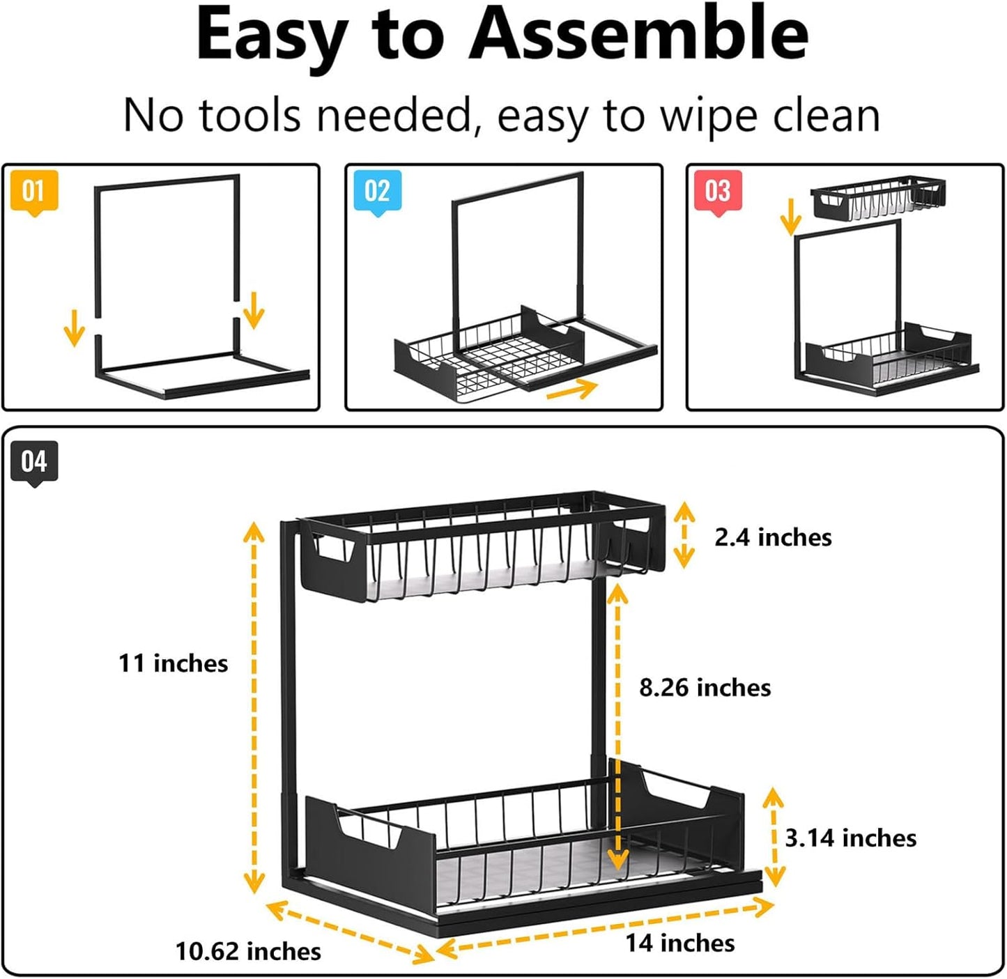 Under Kitchen Sink Organizers and Storage Pull Out 2 Tier Metal Bathroom Cabinet Organizer (Black, 2 Pack)