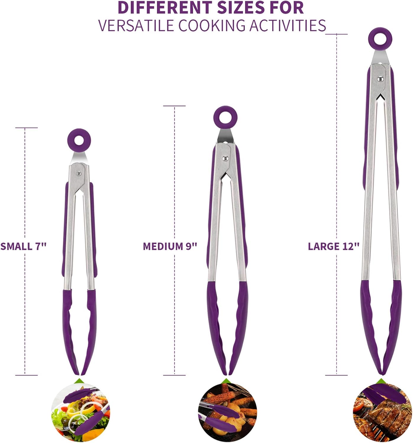U-Taste Kitchen Tongs, 7/9/12 inches Cooking Tongs, with 600ºF High Heat-Resistant Non-Stick Silicone Tips, 18/8 Stainless Steel Handle, for Food Grill, Salad, BBQ, Frying, Serving, Pack of 3(Purple)