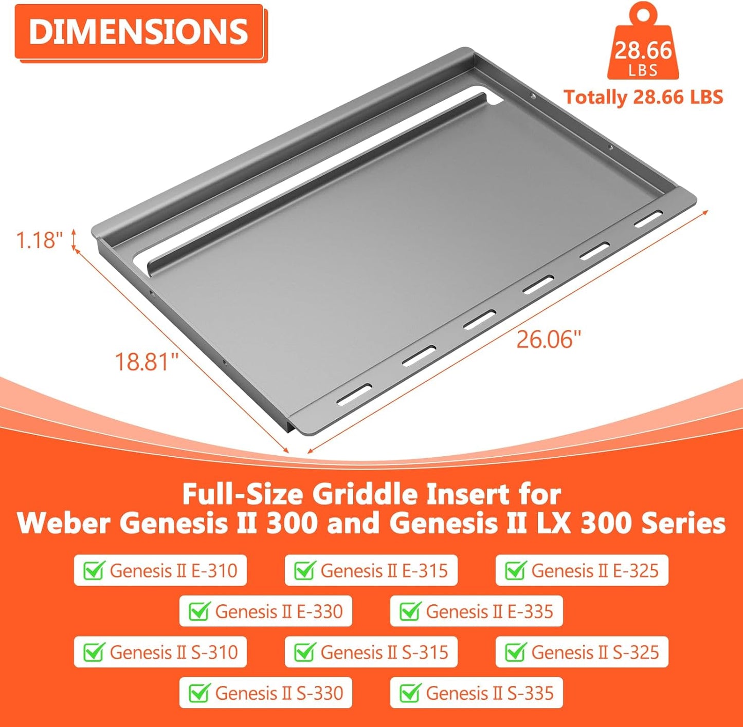 6788 Full Size Griddle for Genesis II Grill Parts - 66095 Grill Grates for Weber Genesis II 300 Series II E/S-310 II E/S-315 II E/S-335 II SE-335 Grills, Weber Full Size Griddle Insert Replace Parts
