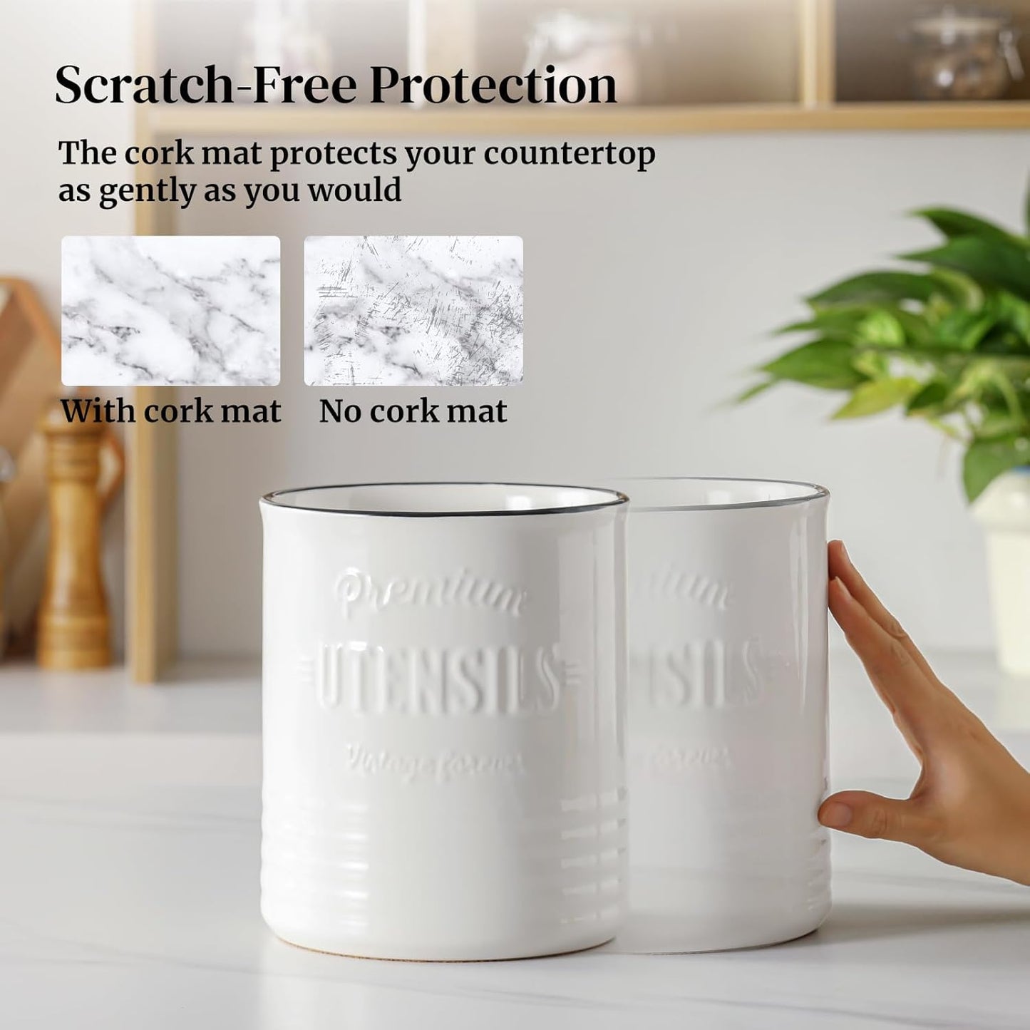 DOWAN 3 Compartment Kitchen Utensil Holder, 7.2″ Extra-Large Ceramic Stable Utensil Caddy, Rustic Cooking Utensil Crock for Farmhouse Kitchen Décor, Utensil Holder for Countertop