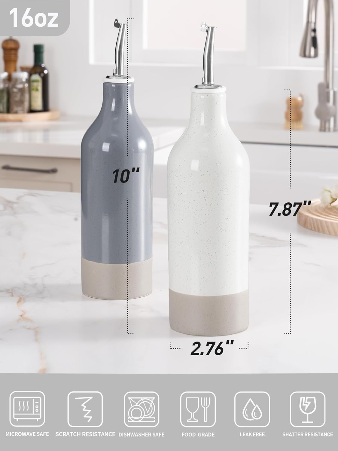 famiware Milkyway 16oz Ceramic Olive Oil Dispenser Bottle, Olive Oil and Vinegar Dispenser Bottle Set of 2 with Stainless Steel Pourers, Suitable for Storage Vinegar, Liquids, White and Dark Gray