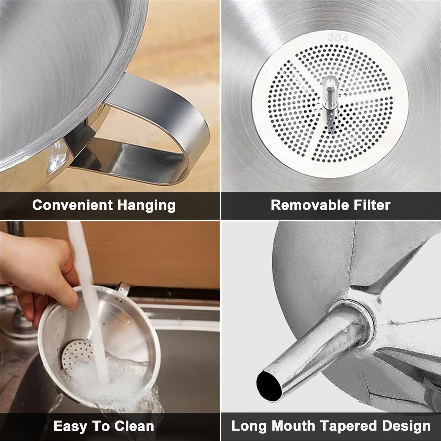 Stainless Steel Funnels for Kitchen use,5 Different Sizes of Kitchen funnels,Metal Funnel with 2 Removable Strainer,Cleaning Brush,200 Mesh Food Filter,for Transferring of Liquid,Oils,Jam