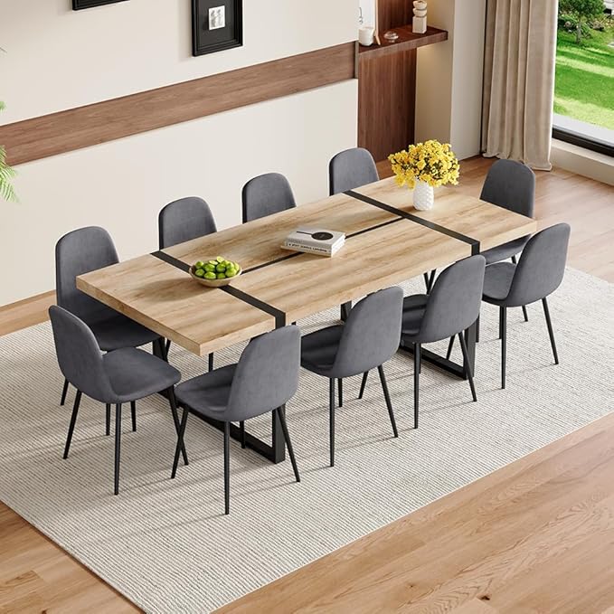 86.6" Dining Table Set for 10, Modern 11 Piece Wood Kitchen Table and Chairs Set, Large Rectangle Dining Table with 10 Linen Fabric Upholstered Chairs, Perfect for Family Gatherings and Dining Room