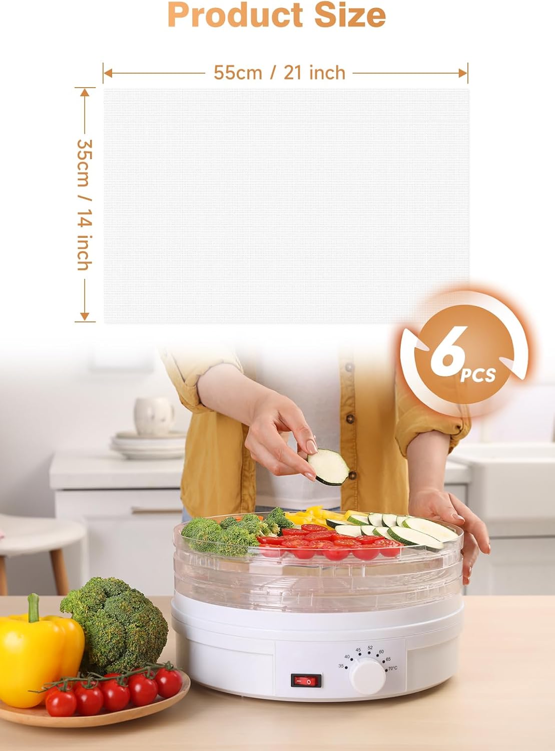 SUCISENI 6 Pack Silicone Dehydrator Sheets (14 x 21 Inch) Premium Non-Stick Silicone Mesh Mat for Fruit Food Dehydrator Reusable Dehydrated Tray Liners for Fruits Meat Vegetables Herbs