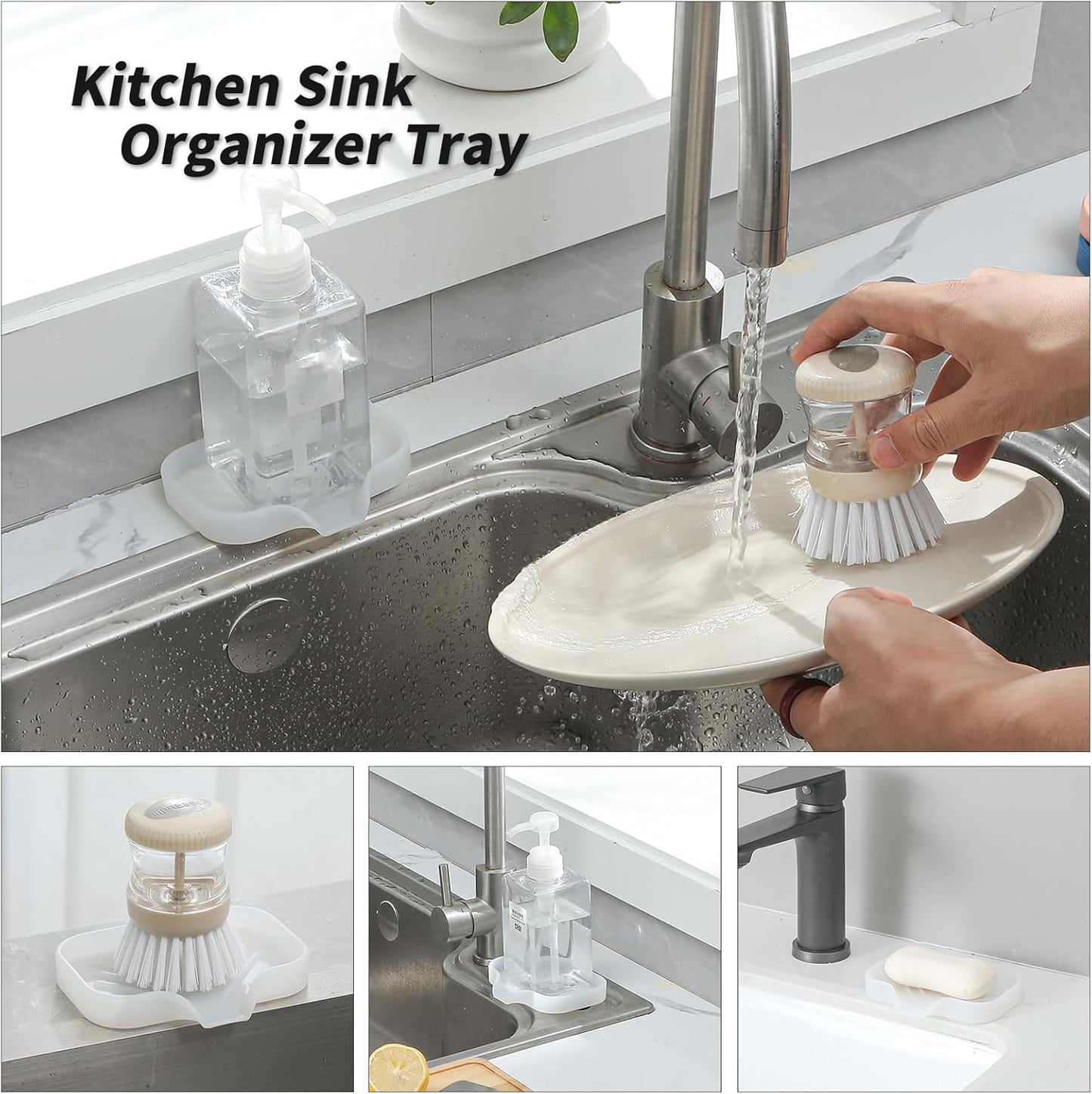 Silicone Bathroom Soap Dishes with Drain Spout-Bathroom and Kitchen Sink Organizer,Sponge Holder,Dish Soap Tray,Perfect for Dispenser,Scrubber,Bottle,Cup on Counter Translucent 4.9"×3.2"