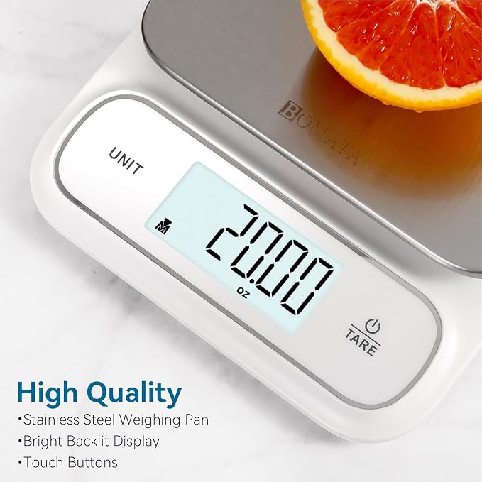 BOMATA Waterproof IPX6 Kitchen Scale, 0.1 g/0.01 oz High Precision, 5 kg/11 lbs, Digital Scale with Backlight, Stainless Steel Weighing Platform, for Food, Cooking, Baking, Weight Loss.. B619, White