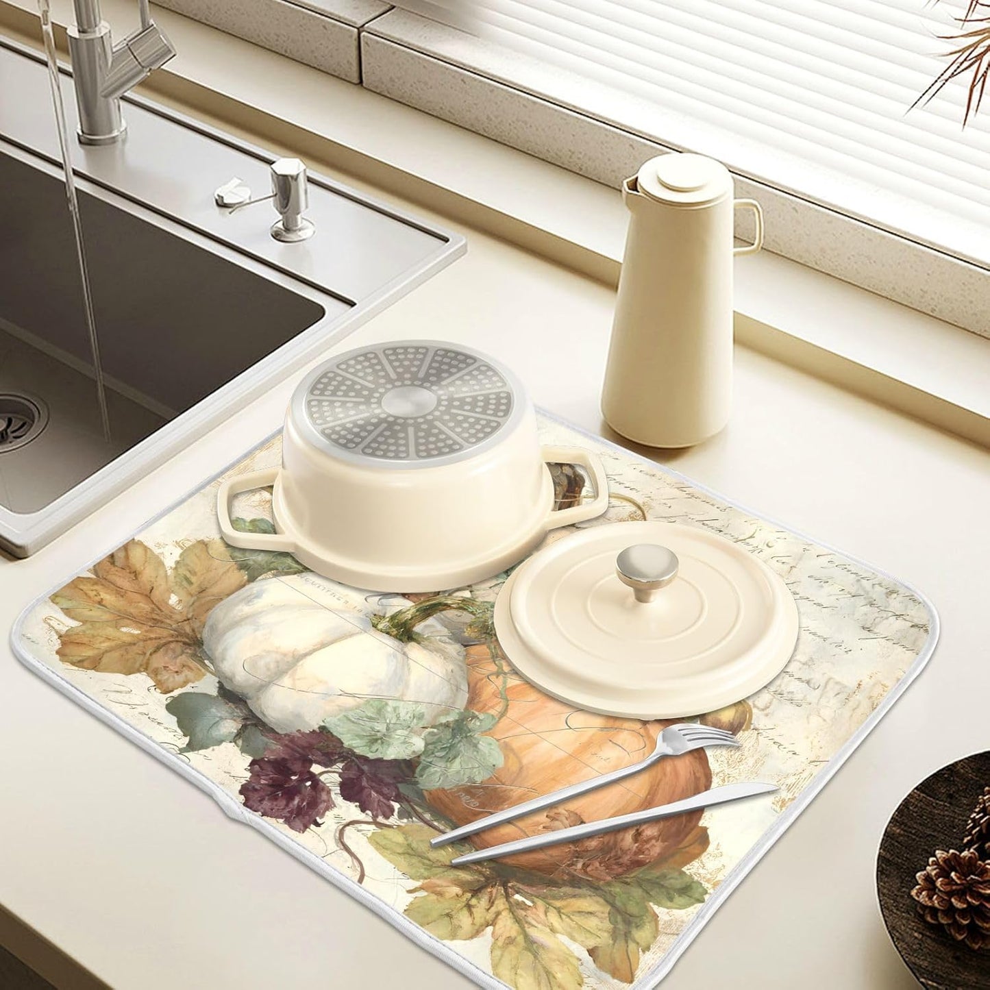 Autumn Pumpkin Fall Leaves Thanksgiving Dish Drying Mat for Kitchen Counter Absorbent Microfiber Large Drying Pad Dish mats for Kitchen Countertops 18 x 24 Inch