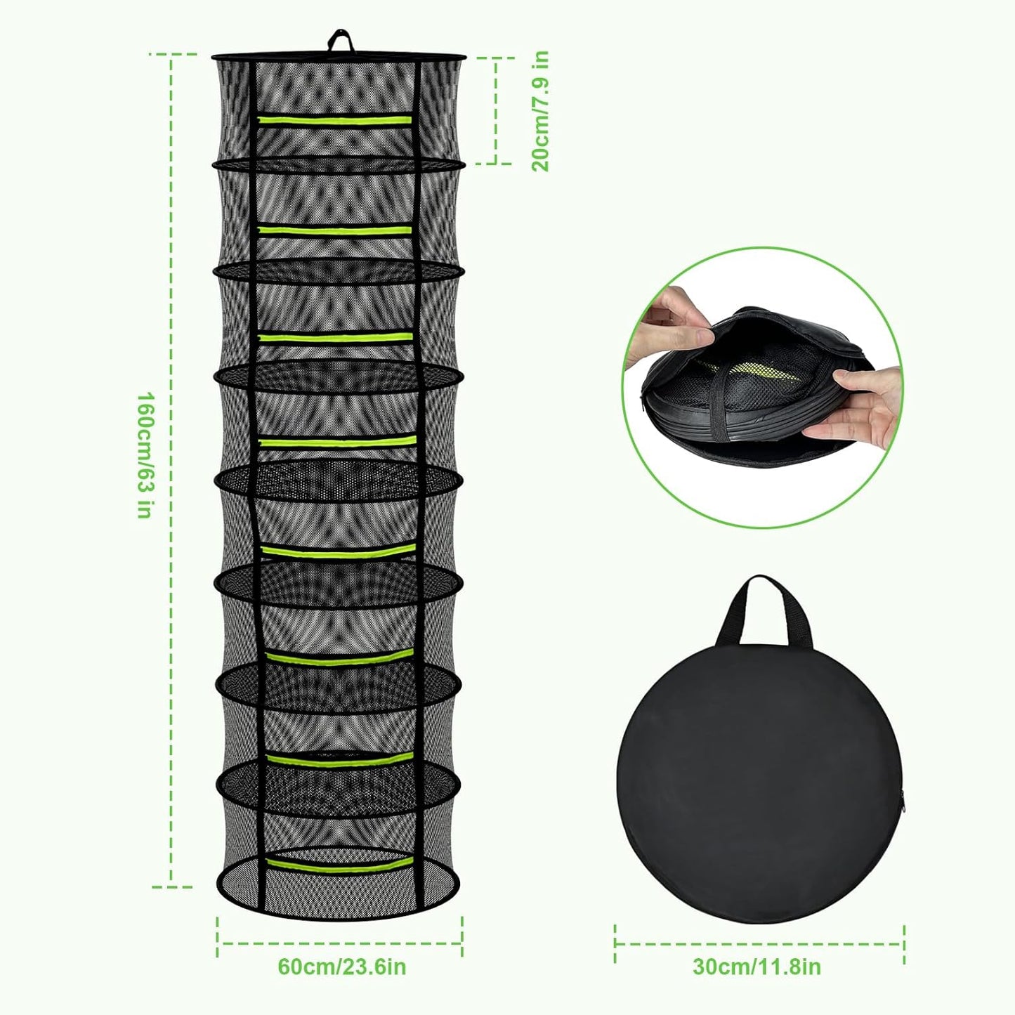 Herb Drying Rack - Mesh Drying Rack - Herb Drying Rack Hanging with Green Zipper & Garden Pruning Shears for Drying Herb - Hanging Drying Rack - Plant Drying Rack (8 Layers)