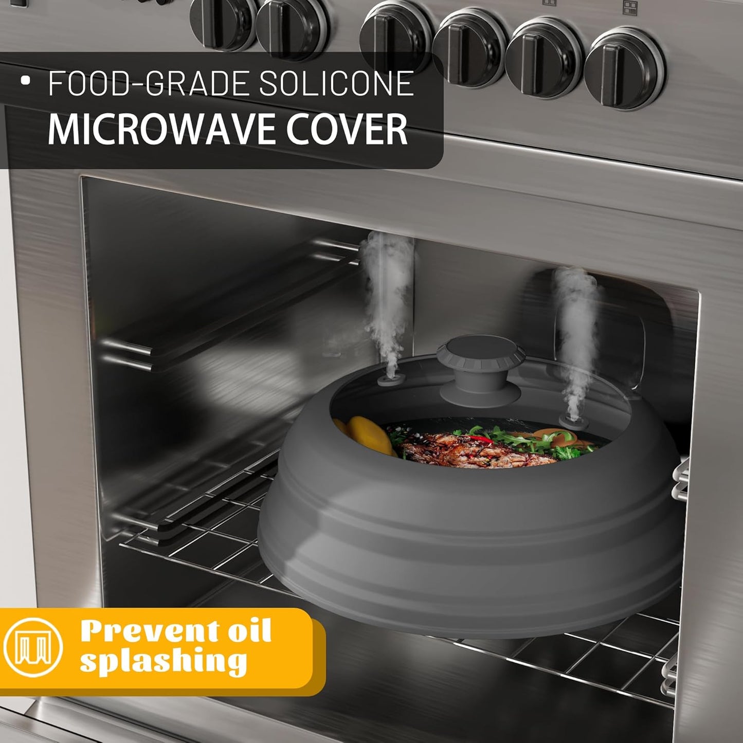 Collapsible Microwave Splatter Cover - Vented Silicone & Glass Lid with Easy-Grip Handle, Fits 6 to 10 Inch Plates & Bowls, 10.8 Inch Diameter, Prevents Splatters & Ensures Even Heating