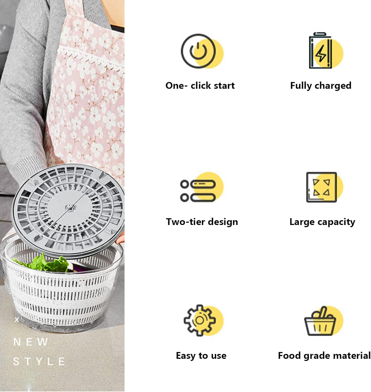 Electric Salad Spinner, 4L Lettuce Spinner Large Capacity USB Chargeble Fruit Vegetable Washer Dryer for Home Kitchen (Gray)