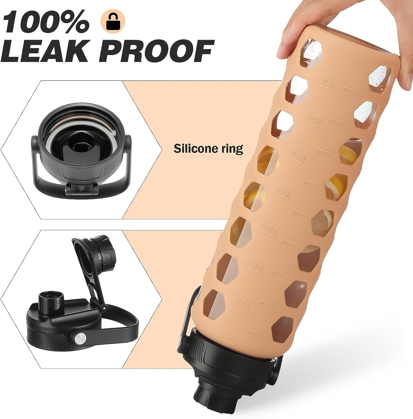 MUKOKO Glass Water Bottles, 32oz Glass Tumbler with Straw, Drinking Bottles with 2 Lids-Handle Spout Lid&Bamboo Straw Lid, Motivational Water Bottle with Time Marker and Silicone Sleeve, 1 Pack-Amber