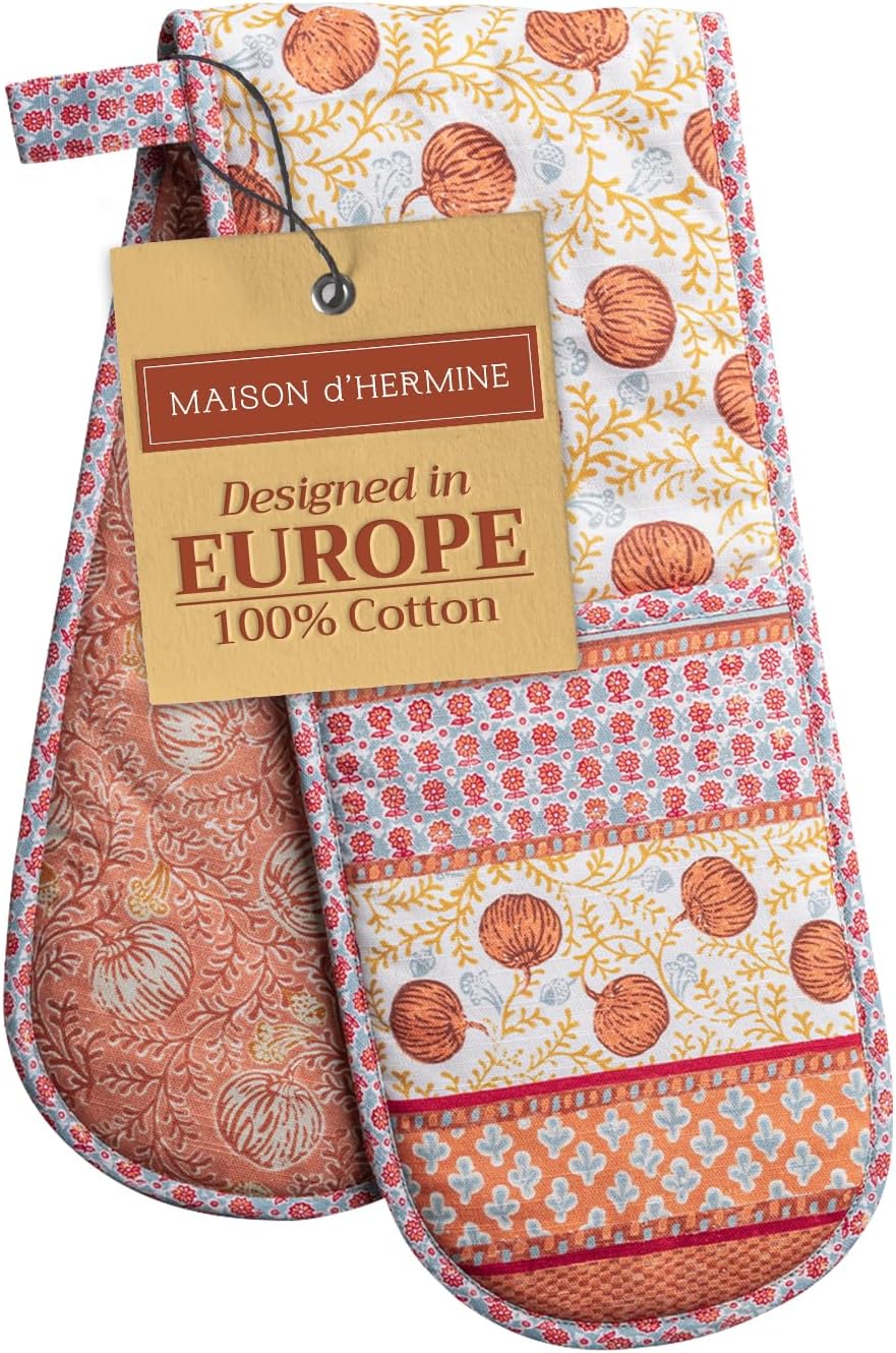 Maison d' Hermine Double Oven Mitts 100% Cotton 7"x35" Double Oven Mitt Heat Resistant BBQ Cooking Gloves with Loop, Baking, Grilling, Home, Kitchen, Handling Hot Pans (Harvest Festival)