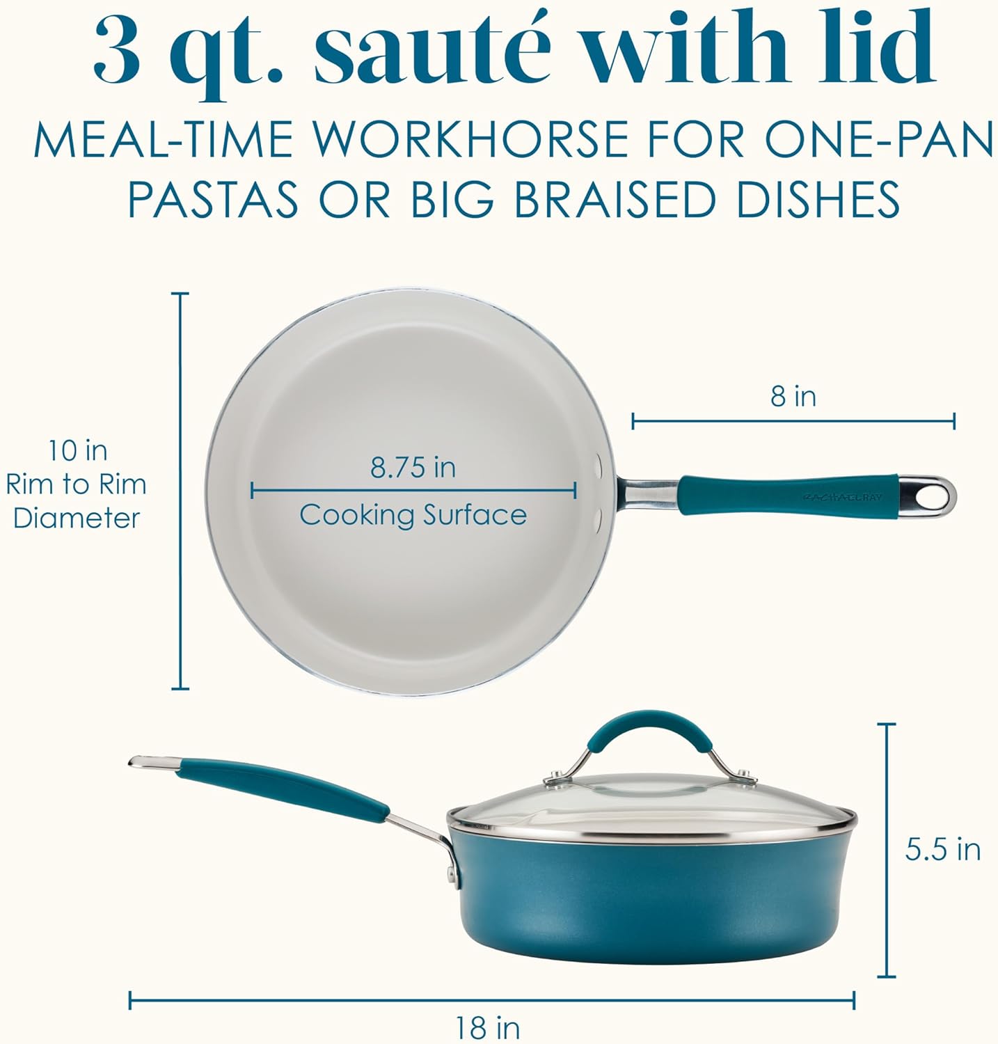 Rachael Ray Cucina Ceramic Nonstick Saute Pan with Lid, 3 Quart Non Stick Sauteuse Pan, Dishwasher Safe - Marine Blue