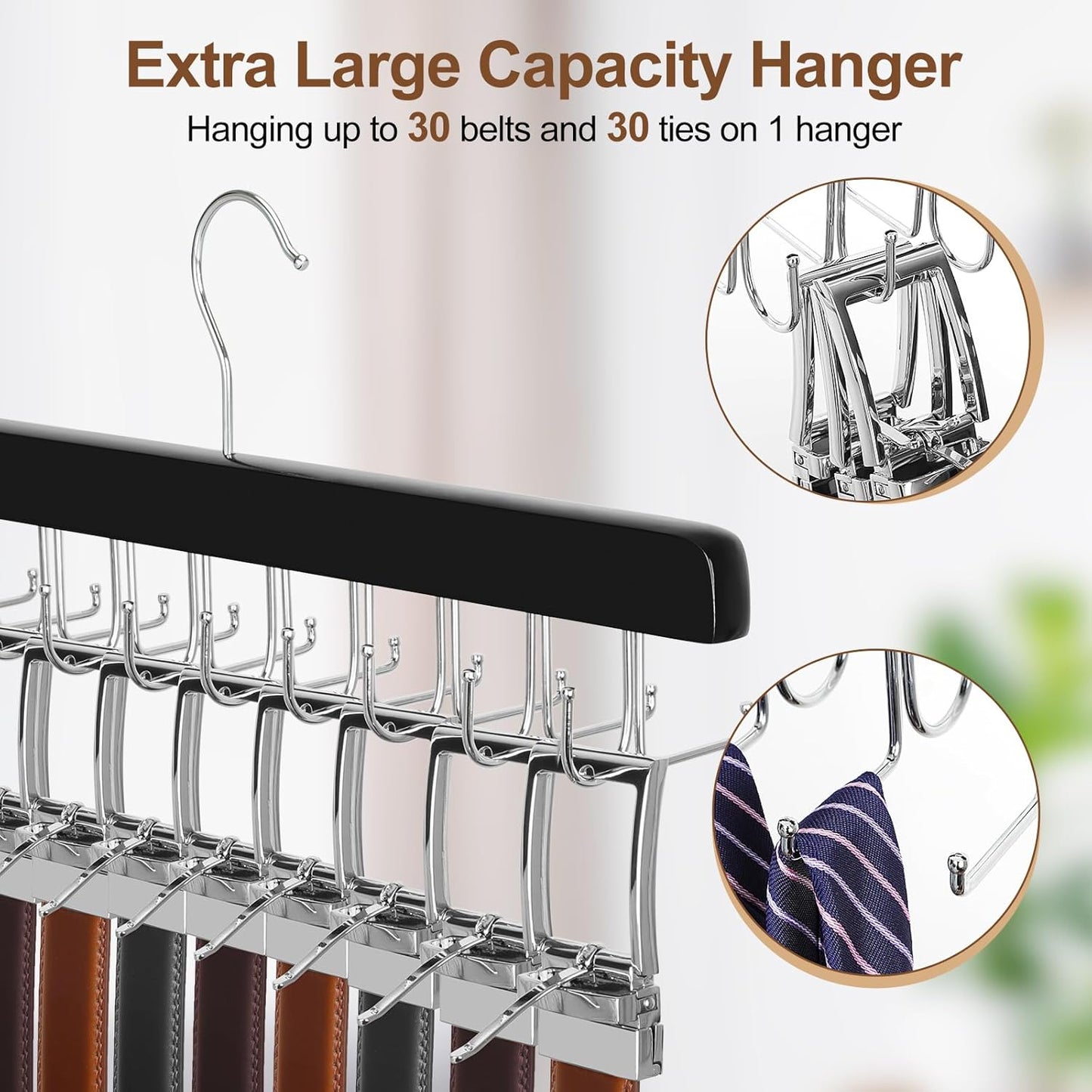 TOPIA HANGER 20 Hooks 2 in 1 Belt Tie Hanger for Closet Max 30 Belts with 30 Ties Capacity, Belt Tie Racks Wooden Hanger for Closet Organizer Storage “U” Fit for Belt and “一” Fit for Tie - CT47B