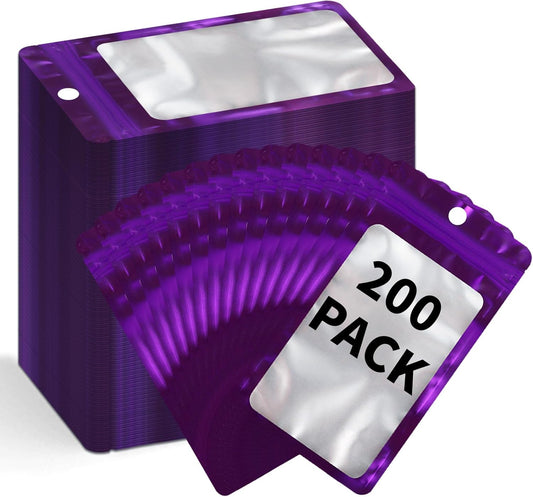 200 Pack Resealable Mylar Holographic Bags Food Storage Smell Proof Bags with Front Window Foil Packaging Pouch for Candy Sample Jewelry Small Business 2.95×4.72 Inch, Purple