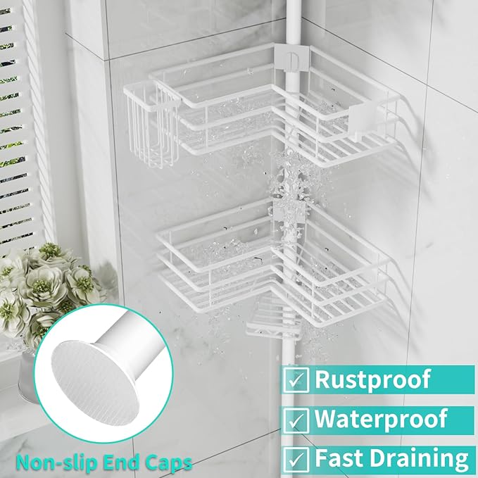 HapiRm Corner Shower Caddy Organizer - Shower Organizer Corner with Soap Holder, Toothbrush Holder and 4 Hooks, Rustproof Bathroom Shelf Tension Pole Available for 27.6 to 108.3 Inch - White