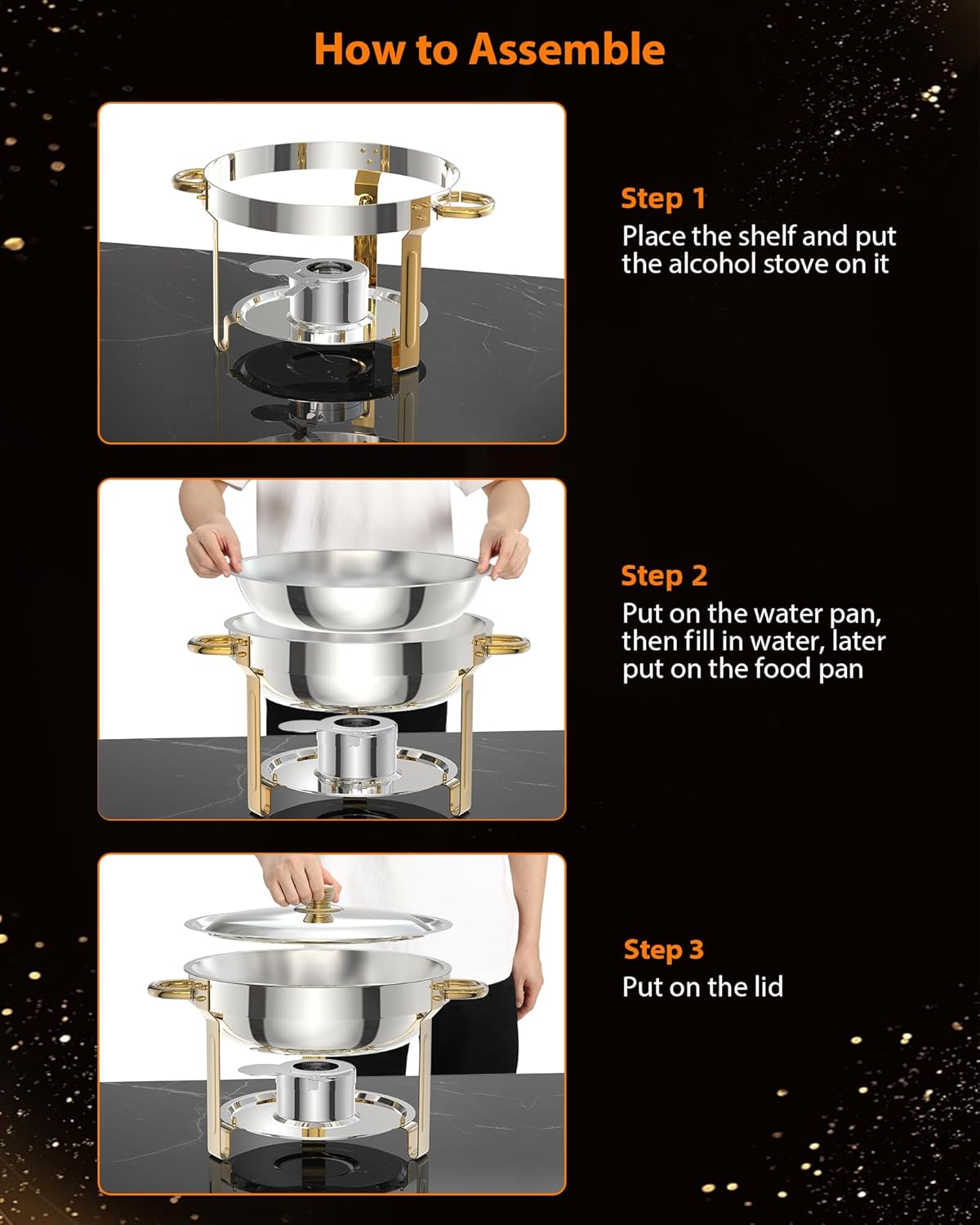 Chafing Dish for Buffet 2 Pack, 5QT Round Chafing Dishes Buffet Set w/Lid Holder, Stainless Steel Chafers and Food Warmers with Spoon and Tweezers for Parties, Weddings, Events, Banquet, Gold