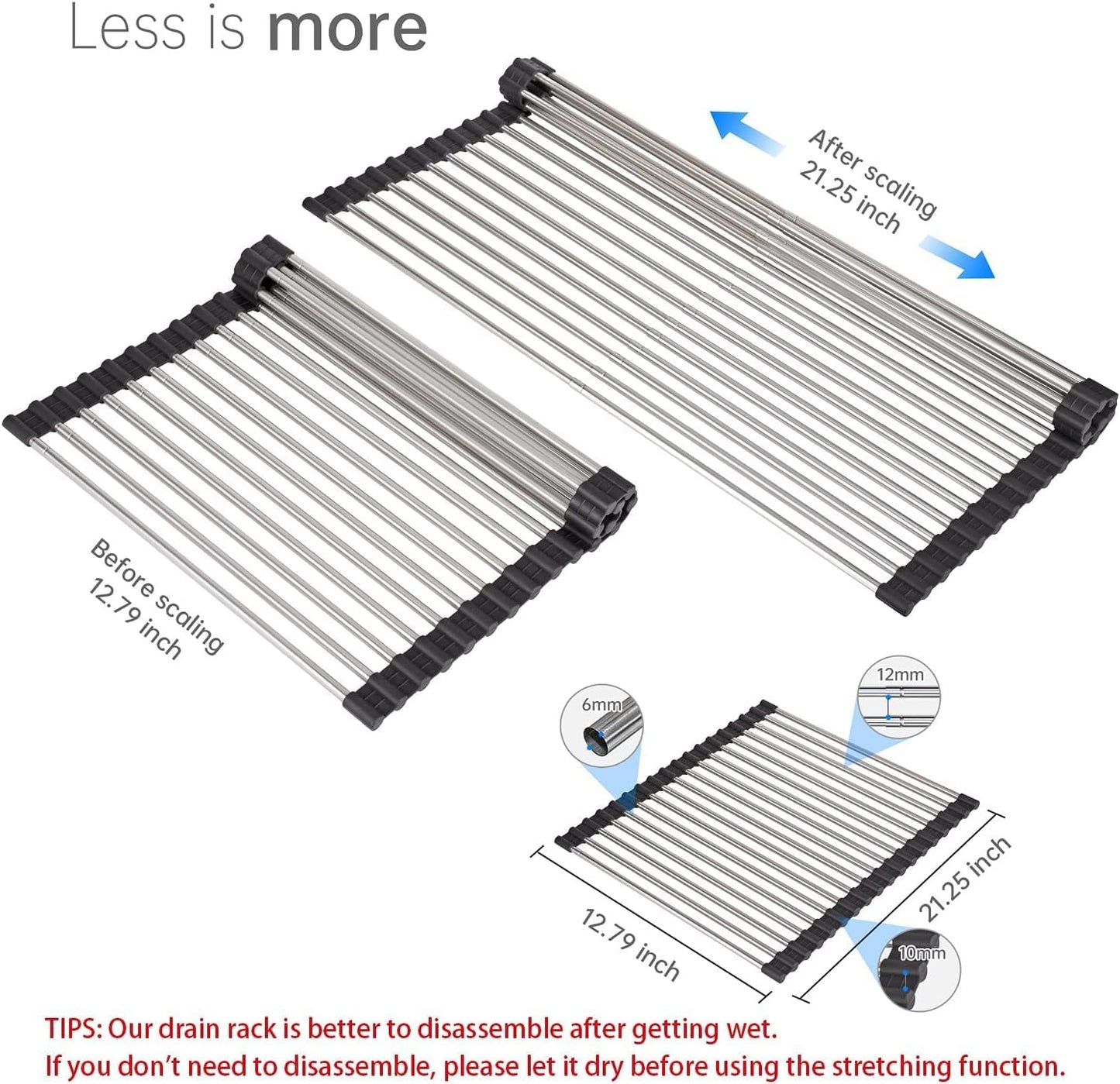 Expandable Large Draining Rack, Roll Up Heat-Resistant Dish Drainer for Stainless Steel Sinks, Collapsible Over The Sink Rack Non-Slip Silicone Rolling Up Rack 18 Tube