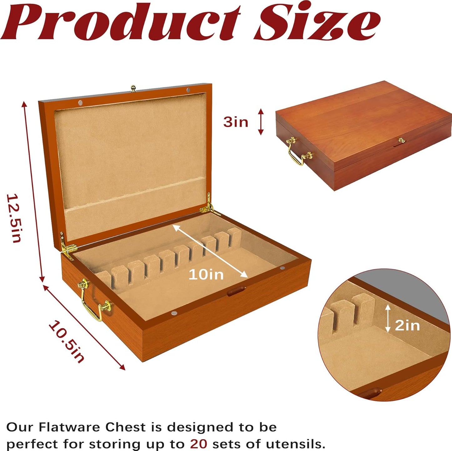 Silverware Storage Box Solid Wood with Lid, Silverware Organizer with Handle and Felt Lined, Silverware Storage Chest for Flatware and Utensils Home Decor Gift, Chest for Flatware Setting Up 15