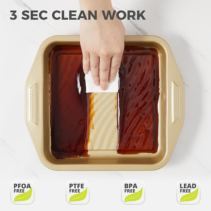 HONGBAKE 9-Piece Baking Pans Set with Wave Texture for Reduced Oil, 0.8mm Thick Bakeware Sets Non Stick, Includes Stackable Cookie Sheets for Oven Cooking, Cake Pan, Muffin Pan, Loaf Pan, Rack, Gold