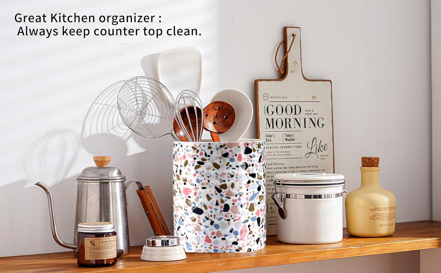 Kitchen Utensil Holder,7.2″Extra Large Stable Terrazzo Marble Pattern Ceramic Utensil Crock,Utensil Organizer for Countertop,Kitchen Decor,Utensil Holder for Housewarming,Wedding Gift Pink