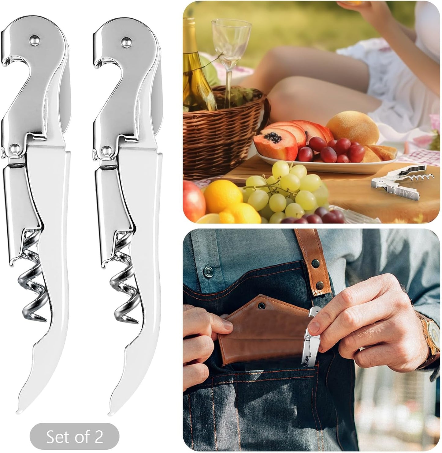 HYZ 2-Pack Wine Opener Waiter Corkscrew, Professional Wine Key for Servers, Bartender with Foil Cutter, Manual Wine Bottle Opener Double Hinged (White)