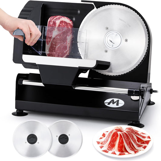 Moongiantgo Electric Meat Slicer 220W, 1-20mm Adjustable Thickness Deli Food Slicer with 2 Removable 7.3" Stainless Steel Blade, Removable Food Platform, Cheese Fruit Bread Slicer for Home,110V