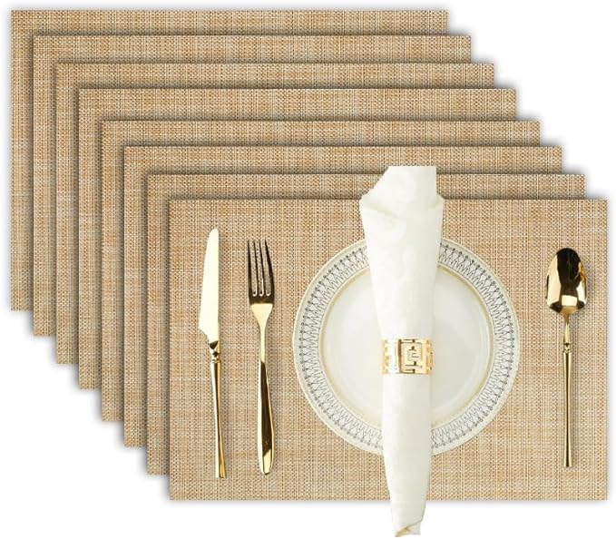 Beige Placemats Set of 8-Durable PVC Vinyl Woven Place Mats for Dining Table Heat Resistant Non-Slip Washable Indoor/Outdoor Table Mats 12 * 17 inch