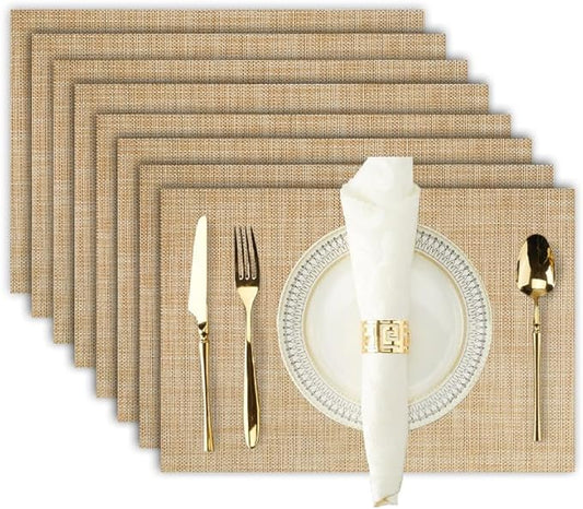 Beige Placemats Set of 8-Durable PVC Vinyl Woven Place Mats for Dining Table Heat Resistant Non-Slip Washable Indoor/Outdoor Table Mats 12 * 17 inch
