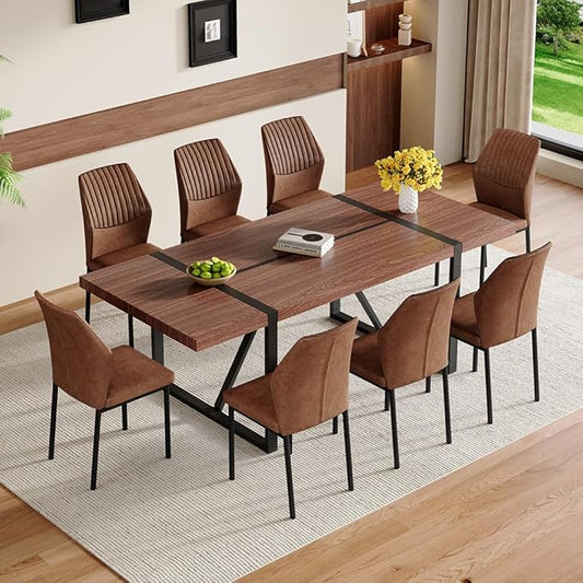 86.6" Dining Table Set for 8, Modern 9 Piece Wood Kitchen Table and Chairs Set, Rectangle Dining Room Table with 8 PU Leather Upholstered Chairs, Ideal for Home, Kitchen, or Apartment Dining