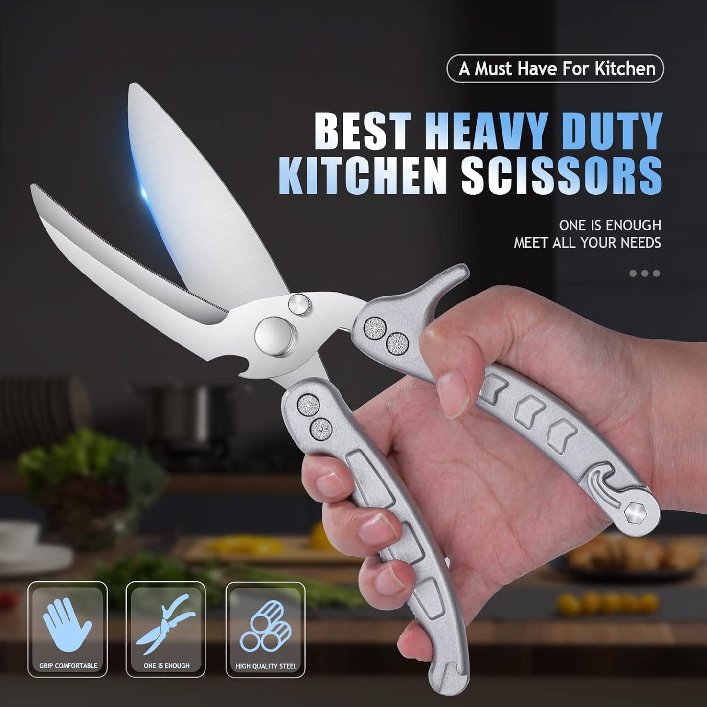 DRAGON RIOT Heavy Duty Poultry Shears - A Must Have Kitchen Shears for Chicken and Meat Cutting - Dishwasher Safe and Stainless Food Kitchen Scissors for Thanksgiving(Silver)