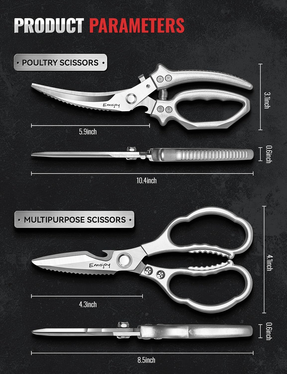 Emojoy 3-Piece Kitchen Scissors Set with Poultry Shears, Japanese Stainless Steel Kitchen Shear, All Purpose Scissor for Food, Chicken Bones, Dishwasher Safe