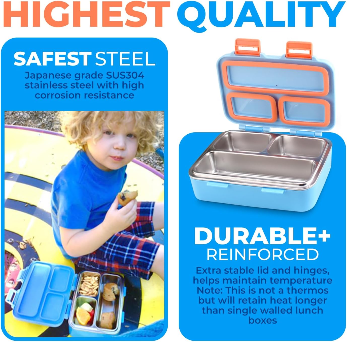 kinsho Stainless Steel Lunch Box for Baby Toddlers Boys, Mini Bento, 3 Eco Metal Portion Sections Leakproof Lid, Pre-School Daycare Lunches, Kids Spill-Proof Snack Container, 18 oz/550 mL, Blue