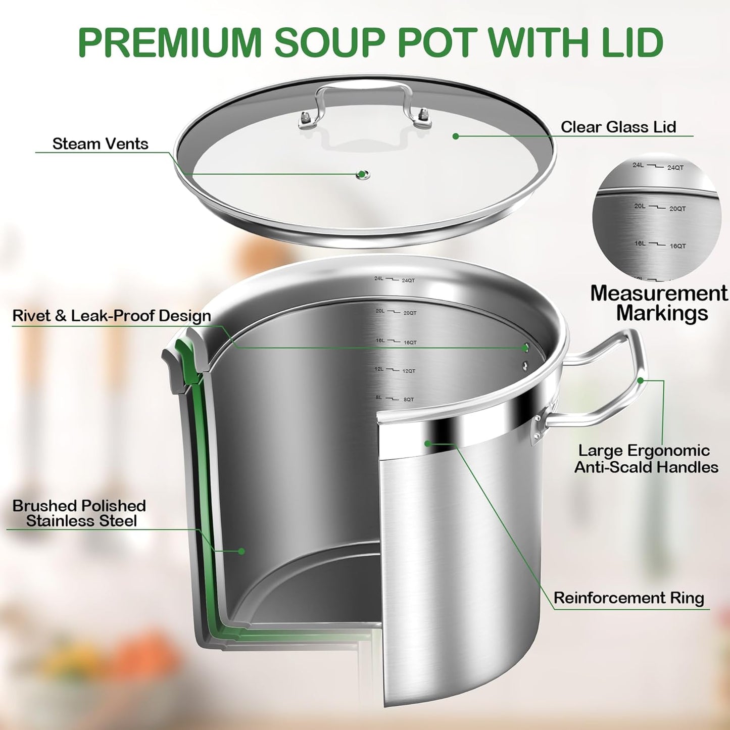 Large Stainless Steel Stock Pot with Lid – 24 Quart (6 Gallon) Heavy-Duty Cooking Pot for Soup, Stew, Pasta – Commercial & Home Use, Easy to Clean
