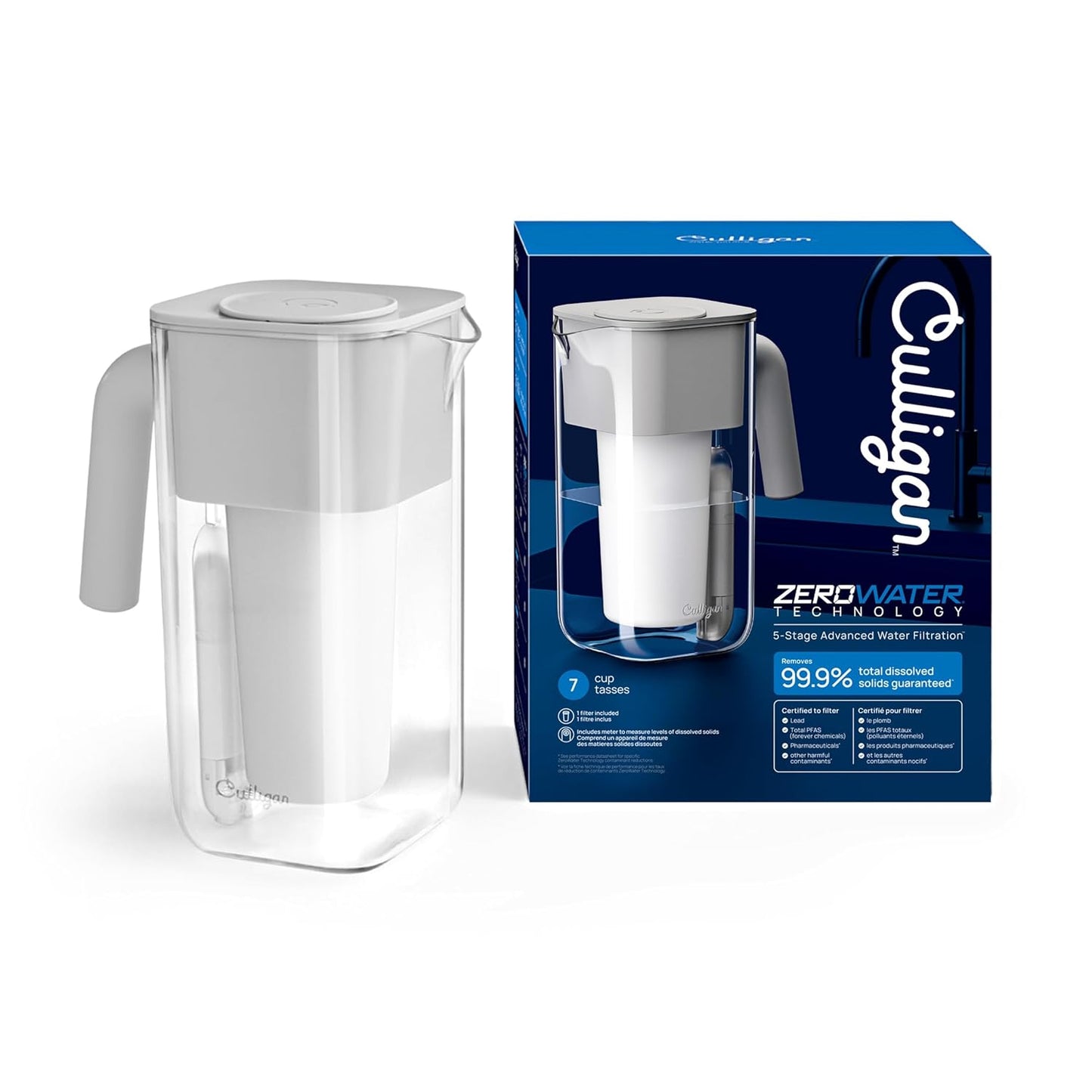 Culligan with ZeroWater Technology 7-Cup Water Filter Pitcher – Includes 5-Stage Advanced Water Filter, IAPMO Certified to Reduce Lead, Total PFAS (Forever Chemicals), Mercury, Fluoride, and Chlorine