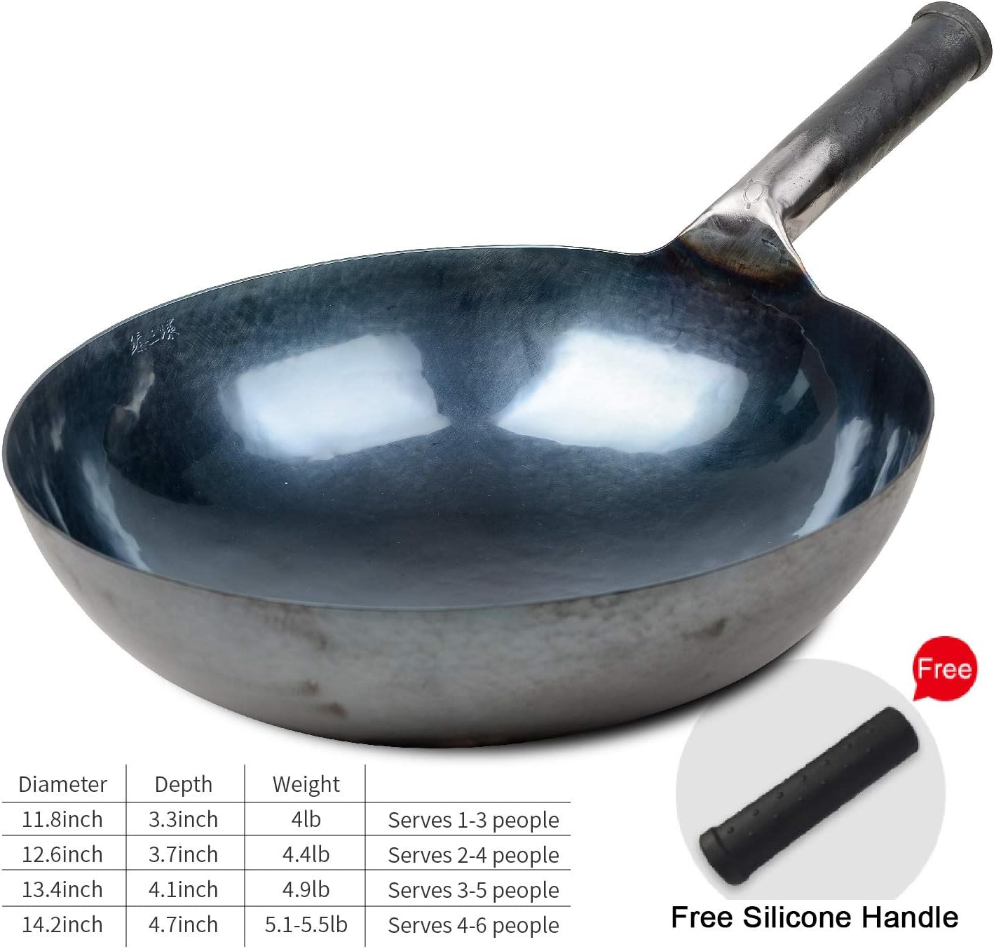 臻三环 ZhenSanHuan Chinese Hand Hammered Iron Woks and Stir Fry Pans, Non-stick, No Coating, Carbon Steel Pow (34CM, BlueBlack Seasoned with help handle)