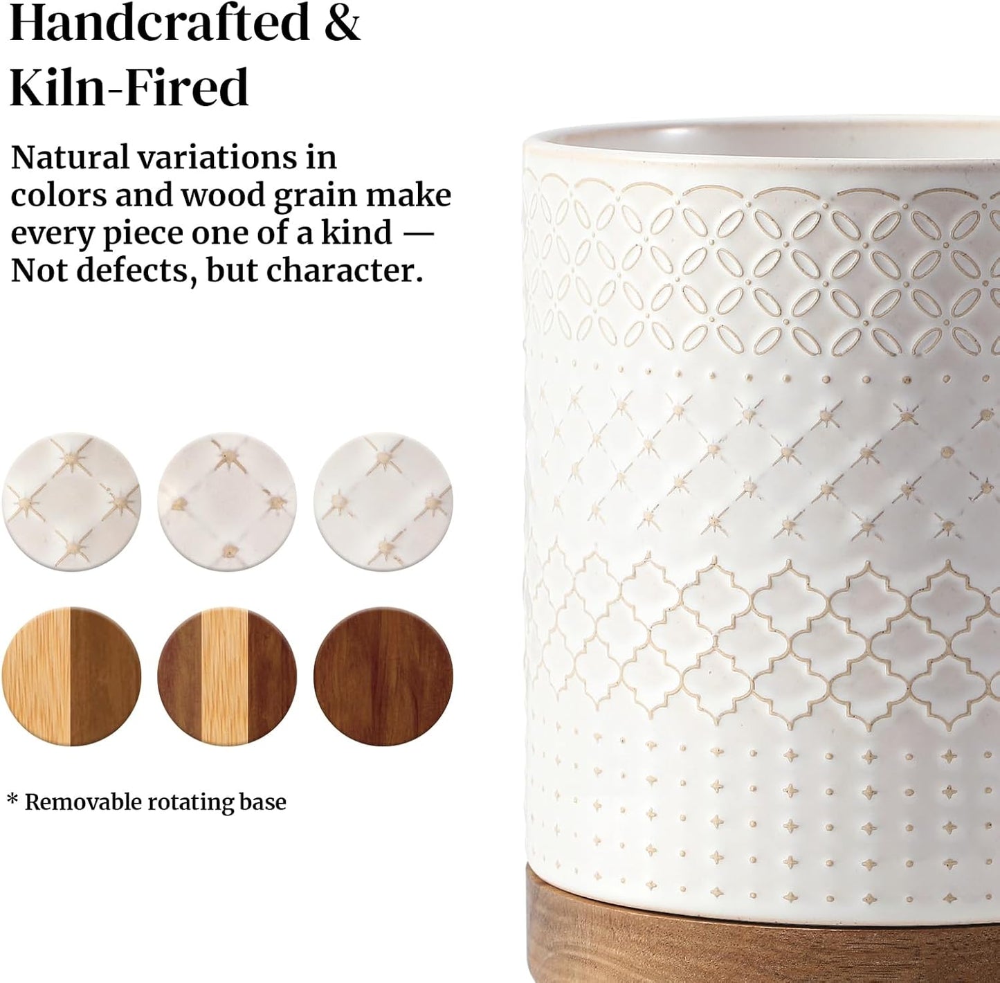 DOWAN 360° Rotating Extra Large Cooking Utensil Holder, 7.6" Kitchen Utensil Holder for Countertop, Utensil Crock for Farmhouse Kitchen Decor, Ceramic Stable Utensil Caddy, White Embossed