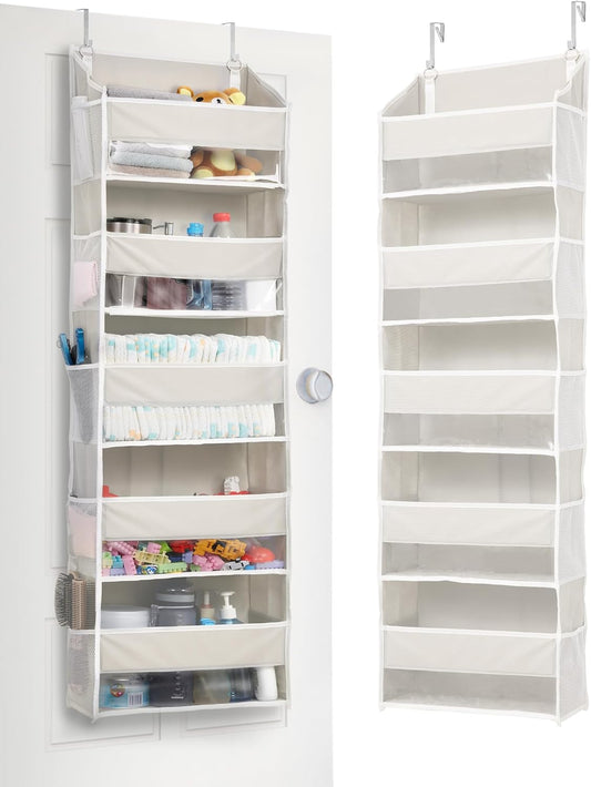 ULG 1-Pack Over Door Organizer with 5 Large Pockets 10 Mesh Side Pockets, 44 lbs Weight Capacity Hanging Storage Organizer with Clear Window for Bedroom Bathroom Kitchen, RV, Camper, Beige