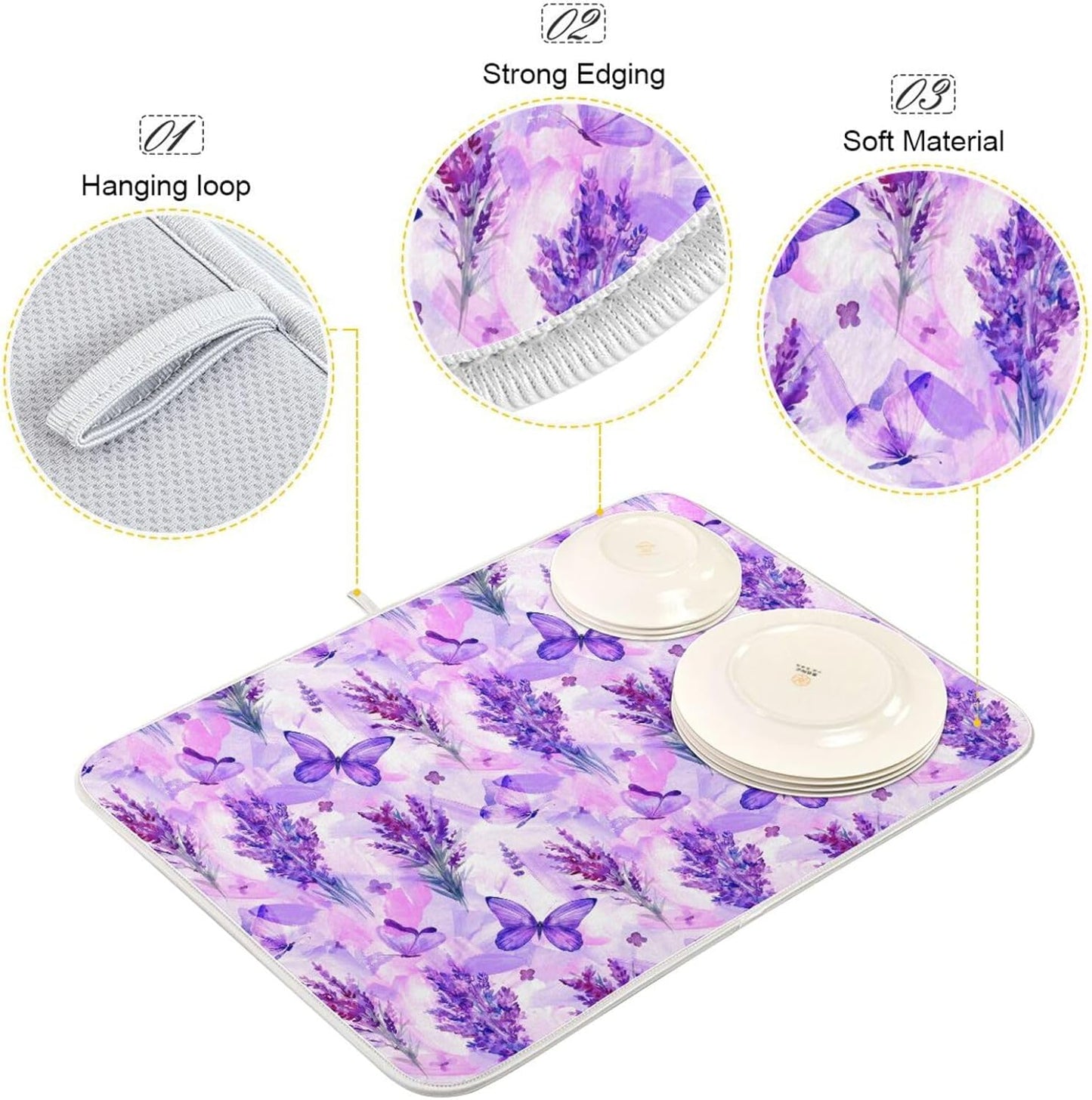 Purple Lavender Butterfly Dish Drying Mat for Kitchen Counter Absorbent Microfiber Drying Pad, Large 18x24 in, Reversible Drainer Mats