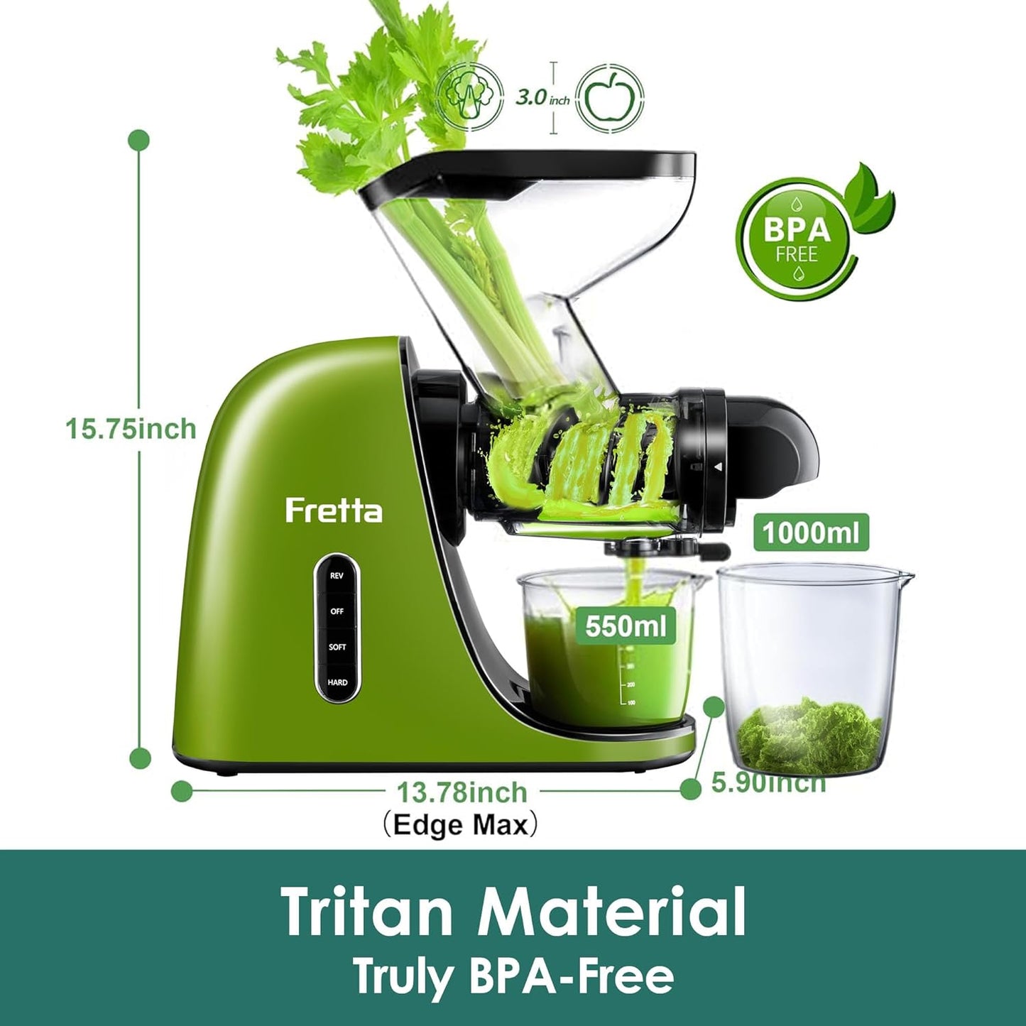 Cold Press Juicer, Masticating Slow Juicer,Juicer Machines Vegetable and Fruit, 3-Inch Wide Feeding Chute, BPA Free Easy to Clean,Quiet and Strong DC Power, 200W(Dark Green)