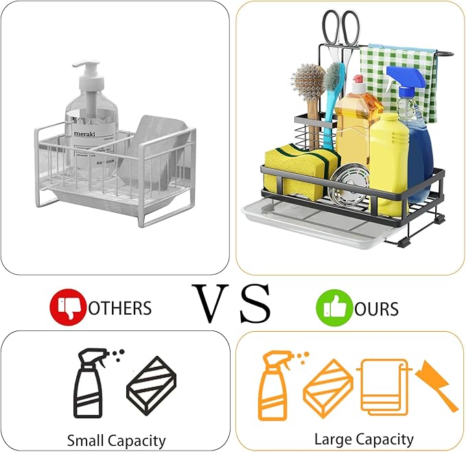 Godboat X-Large Capacity Kitchen Sink Organizer with Brush Rack, 304 Stainless Steel, Sponge Holder for Kitchen Sink, Sink Caddy with Drain-Pan, Cool Kitchen Gadgets & Gifts for Women, Christmas