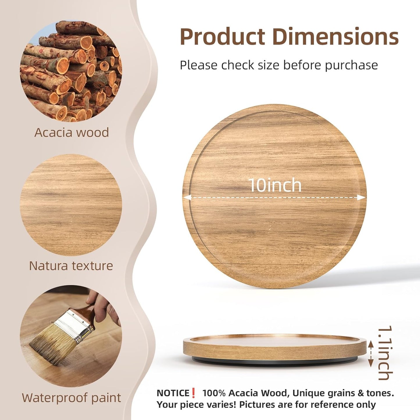 LAMU 10'' Acacia Wood Lazy Susan Organizer for Table Top, Lazy Susan Turntable for Cabinet, Kitchen, Countertop, Pantry Organization