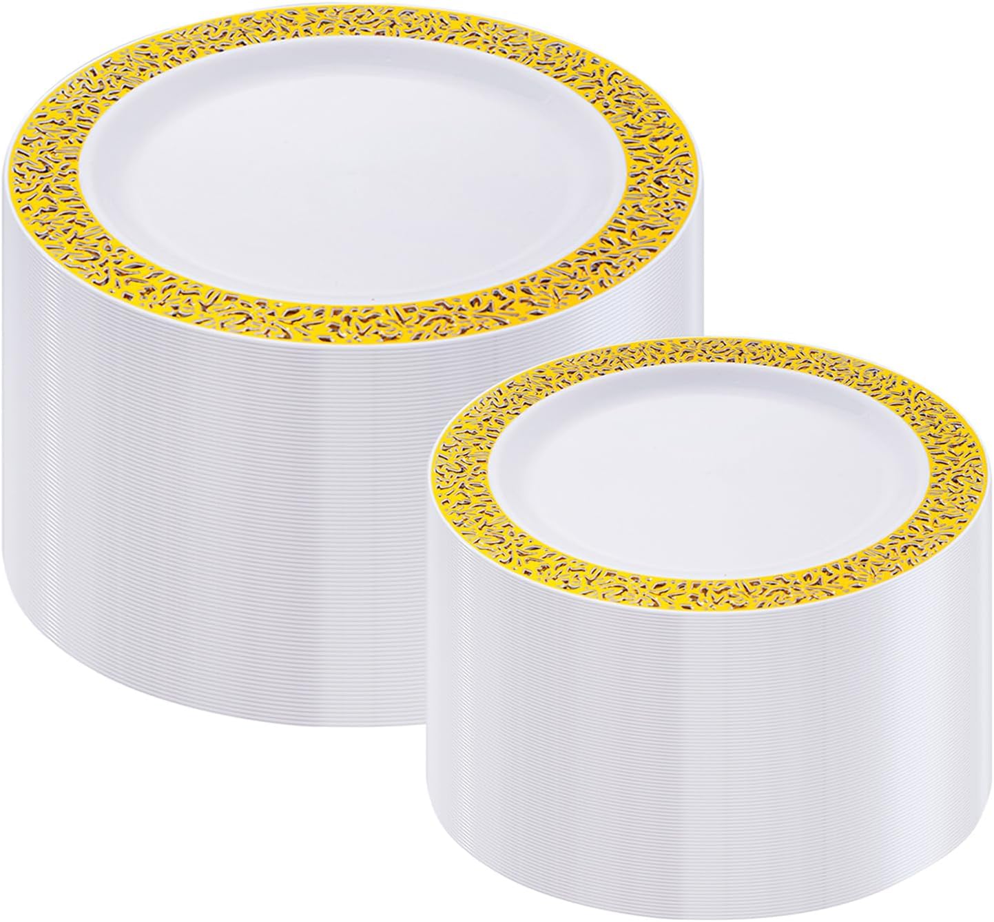 I00000 200 Pieces White and Gold Plastic Plates, Disposable Plastic Plates for 100 Guests Include: 100 Pcs Dinner Plate 10.25” and 100 Pcs Dessert Plate 7.5” with Gold Lace Rim Perfect for Party