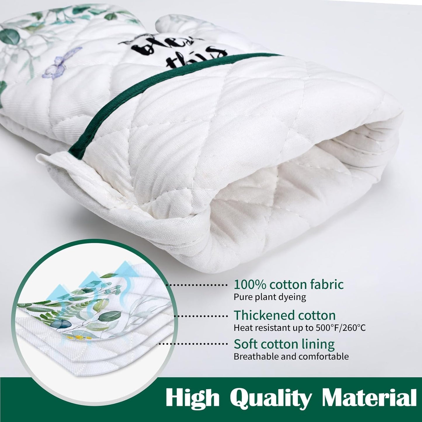 Eucalyptus Leaf Oven Mitts and Pot Holders Sets 2Pcs, 100% Cotton Heat Resistant, Extra Long Oven Gloves Potholder for Kitchen Cooking Baking Decoration